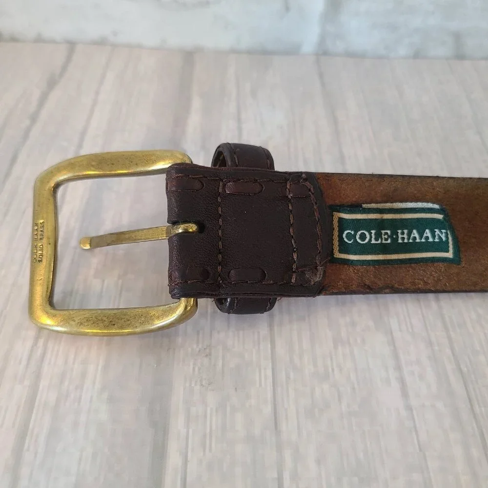Vintage Cole Haan Brown Leather Belt Made in USA Brass Buckle Stitch Detailed